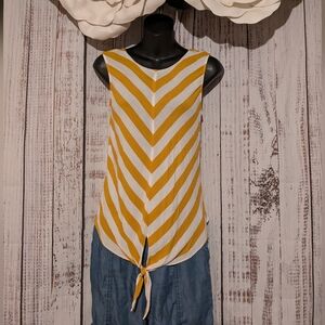 Sleeveless Tie Front Blouse Yellow & Cream Chevron Striped Chambray Back Buttons